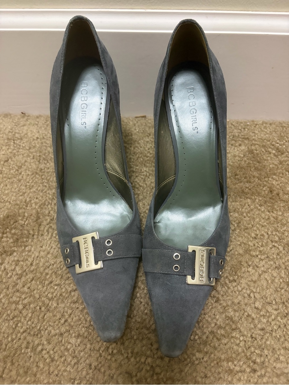 BCBGeneration Gray Suede Pointed Buckle Heels